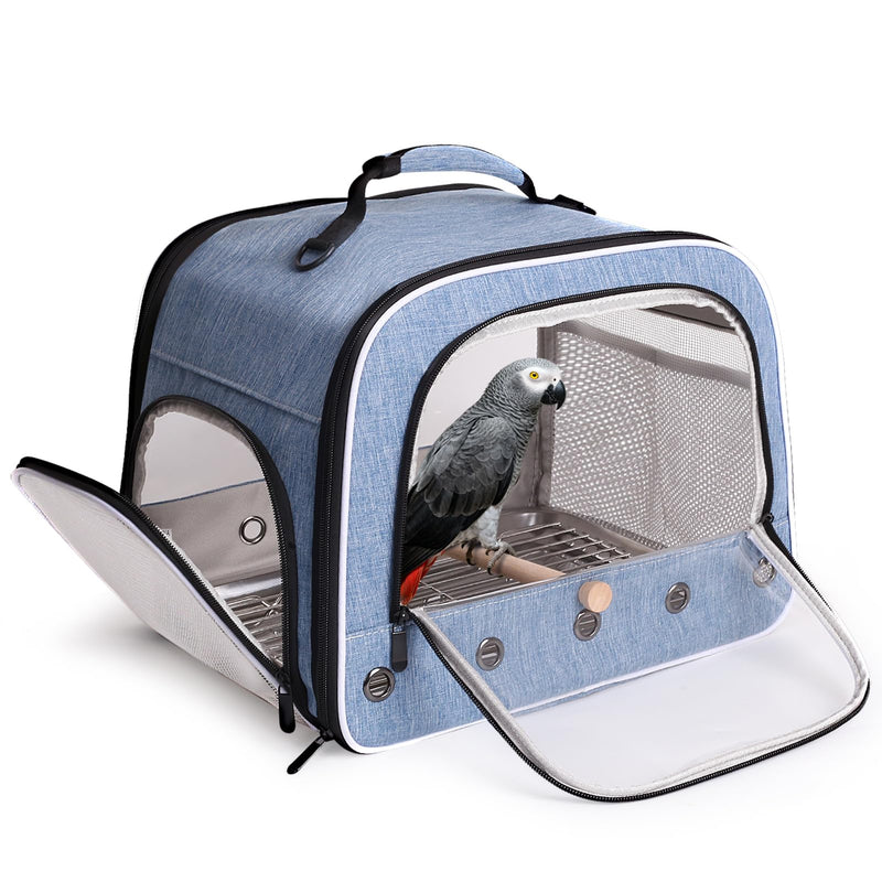 halinfer Bird Travel Carrier Cage for Large Size Parrot, Portable Bag with Metal Tray and Grate to Carry and Transport Medium and Large Birds Like African Grey, Long Tail Cockatiel and Parrot Blue Large Carrier - PawsPlanet Australia