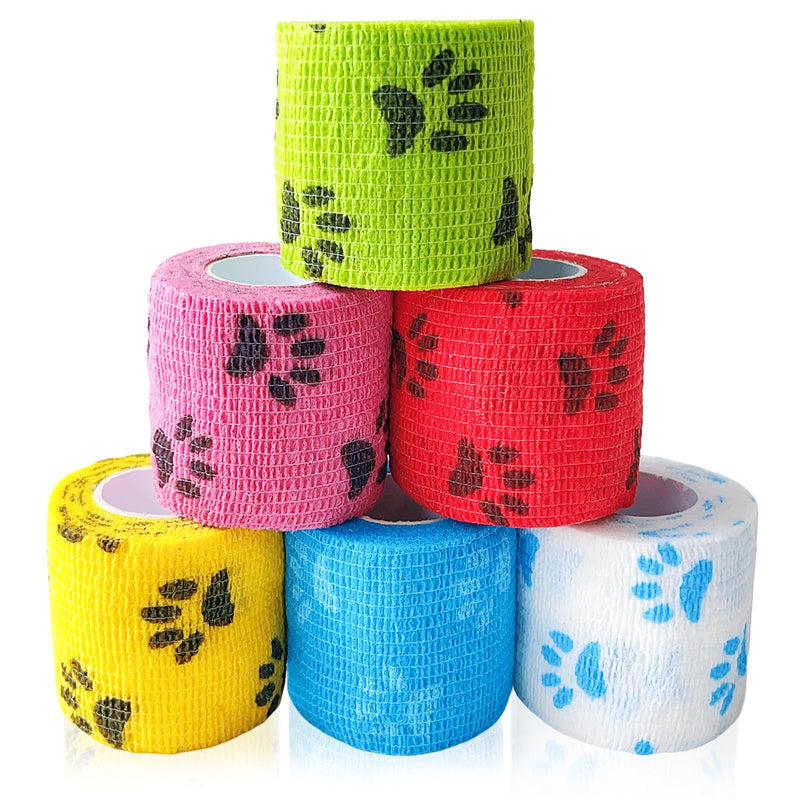 6 Pack 2 Inch x 5 Yards Paw Print Pet Vet Wrap for Dogs, Cats, Horses, Colorful Non-Woven Self-Adhesive Cohesive Bandage Rolls Set for Wound Care, Ankle Sprains, Swelling, and First Aid Protection - PawsPlanet Australia