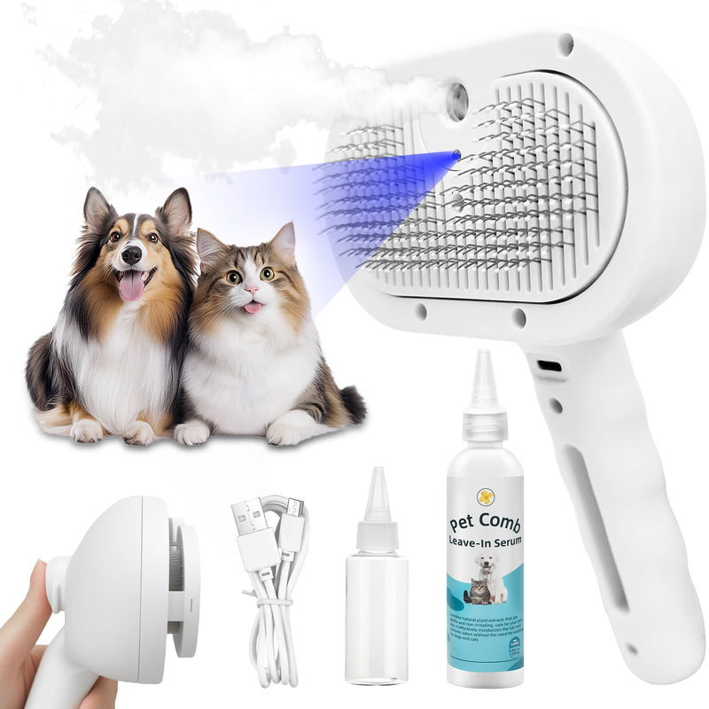 4-in-1 Pet Grooming Steam Brush for Cats & Dogs – Steam Spray, Blue Light, Hair Removal, Self-Cleaning Comb – Includes Pet Waterless Shampoo - PawsPlanet Australia
