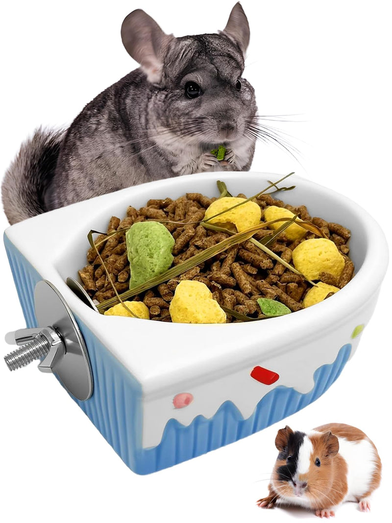 Chinchilla Food Bowl Ceramic Guinea Pig Cage Feeder Hanging Bunny Food Dish Small Animal Feeding Bowls for Syrian Hamster Ferret Gerbils (Blue) Blue - PawsPlanet Australia