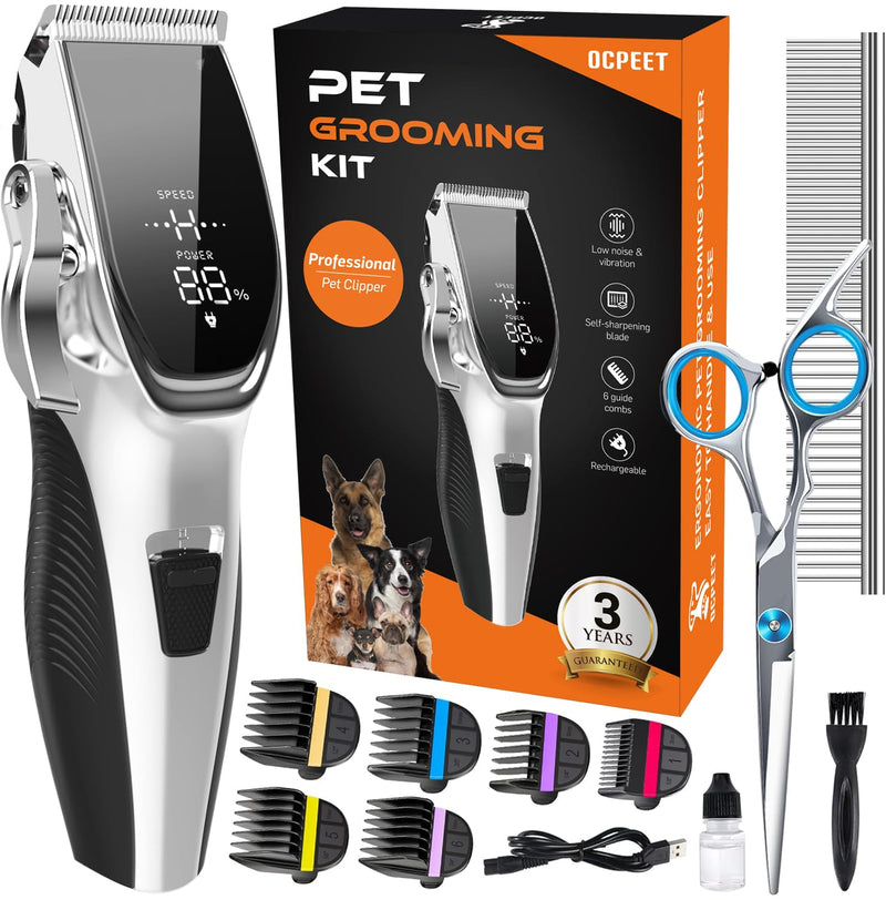 Dog Grooming Kit Low Noise，Cordless 4 in 1 Dog Clippers for Grooming Rechargeable Pet Cat Hair Trimmer with 2 Speed,6 Guards,Scissors,Comb for Small Medium Large Pets Dogs Cats Thick Hair Cutting 🟥🟥🟥whisper-quiet Silver 🟥🟥🟥 - PawsPlanet Australia