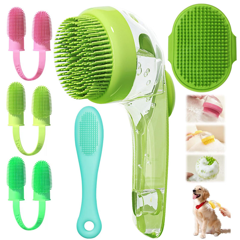 6Pcs Dog Bath Brush Set with Soap Dispenser - Cat Brush & Dog Toothbrush Kit | Silicone Pet Bathing Supplies for Washing, Shower & Shedding | Includes Finger Toothbrush, Scrubber for Small Breed Green - PawsPlanet Australia