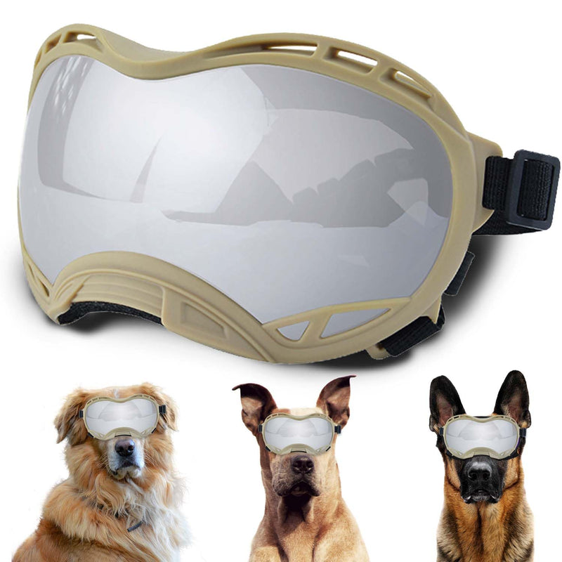 Dog Sunglasses,Doggles Anti-UV Protection,Pet Sunglasses with Adjustable Strap,Suitable for Motorcycle Car Driving Bike Riding Hiking Swimming Wind Dust Fog Dog Eye Protection Khaki Frame Silver Lenses-L - PawsPlanet Australia
