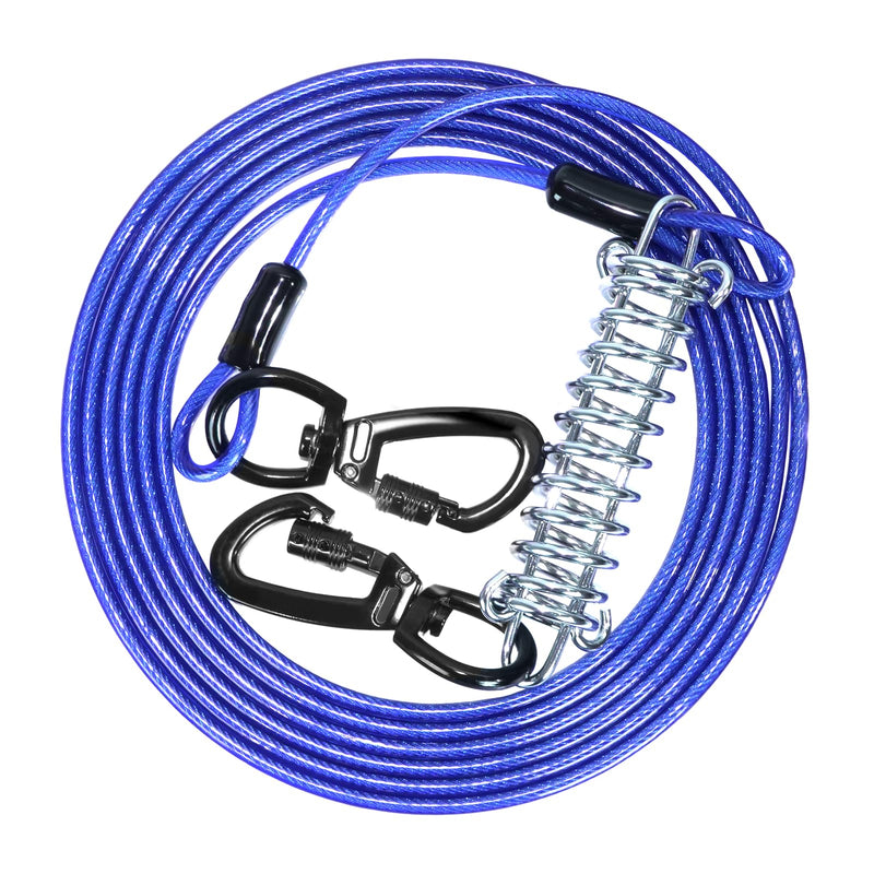Dog Tie Out Cable,20FT Heavy Duty 4mm Outdoor Runner Cable with Shock Absorbing Spring and 360°Swivel Clips, Dogs Chain for Yard Training Running, Fit Medium Large Pets Up to 350lbs, Blue 20FT - PawsPlanet Australia