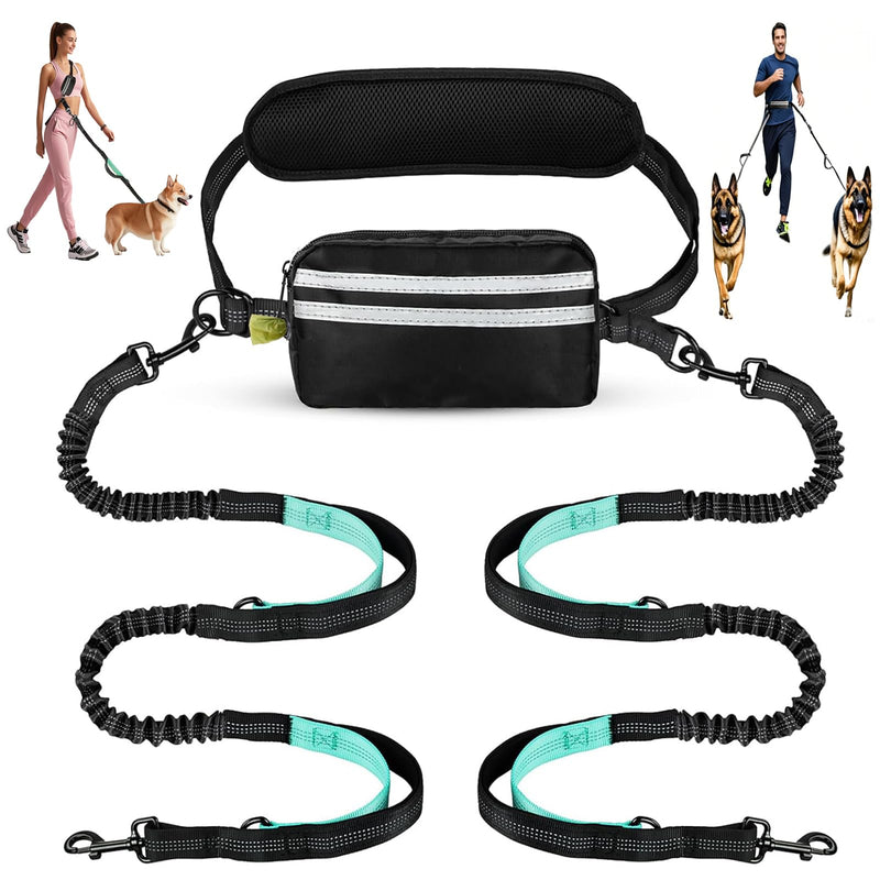 Hands Free Dog Leash Waist & Crossbody for Walking, No Pull Heavy Duty Bungee Double Dog Leash for Two Dogs with Pouch, Padded Handles & Reflective for Large Medium Dogs, Black 2 Leashes Black/Blue