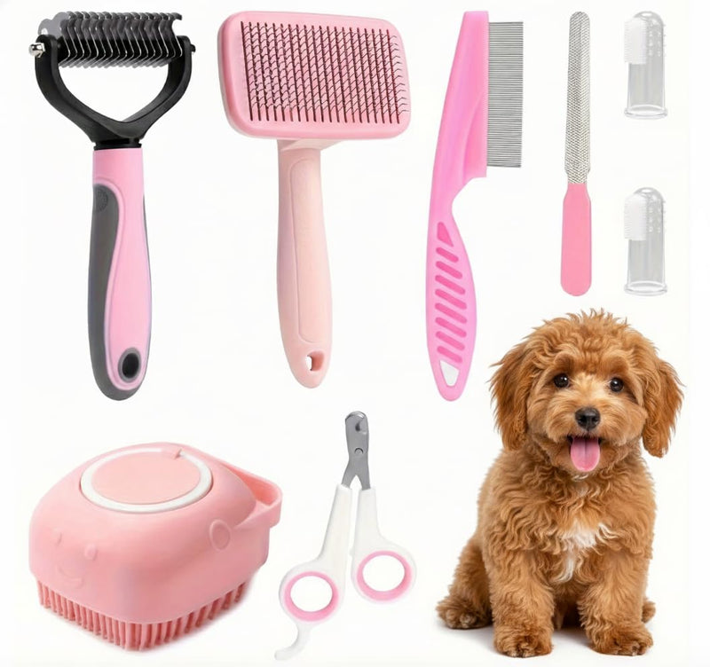 Haminway 8-Piece Dog Grooming Kit – Pink | Pet Brush Set for Shedding, Dematting, Nail Clipping & Bathing | Ideal for Small & Medium Dogs - PawsPlanet Australia