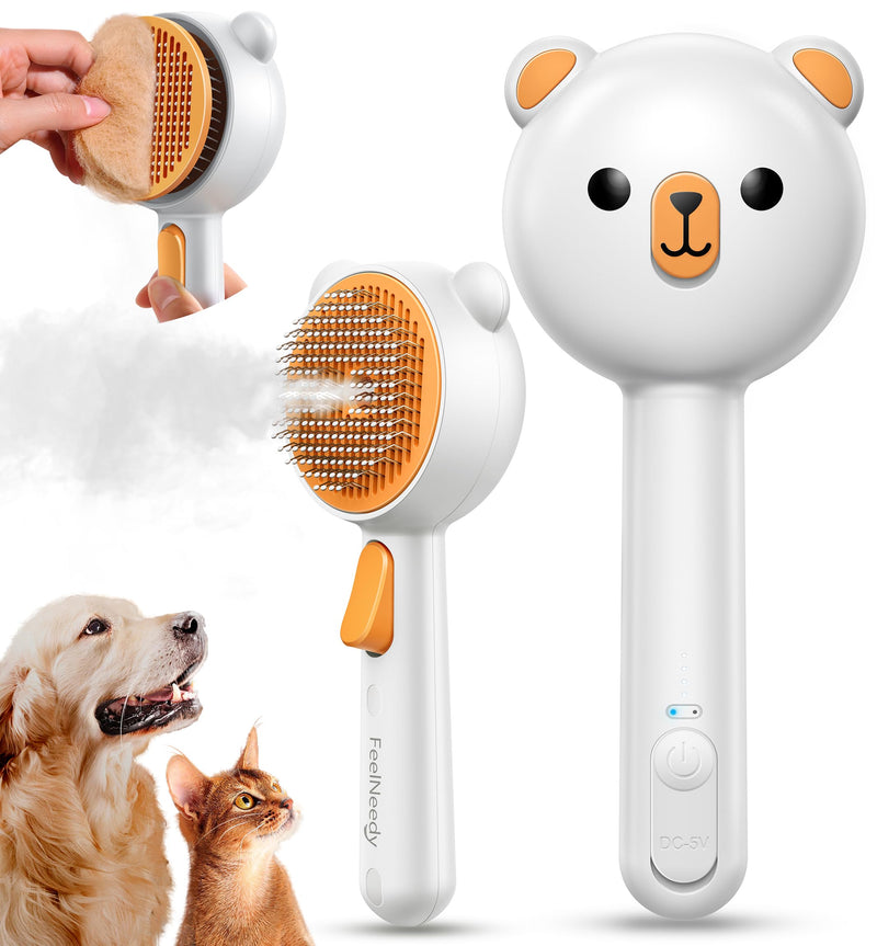 Pet Steam Brush for Dogs & Cats , Brushes for Indoor Cats with Release Button, Dual Speed Spray USB Rechargeable Grooming Supplies, Dog Brush for Shedding Suitable for All Long- and Short-haired Pets Orange