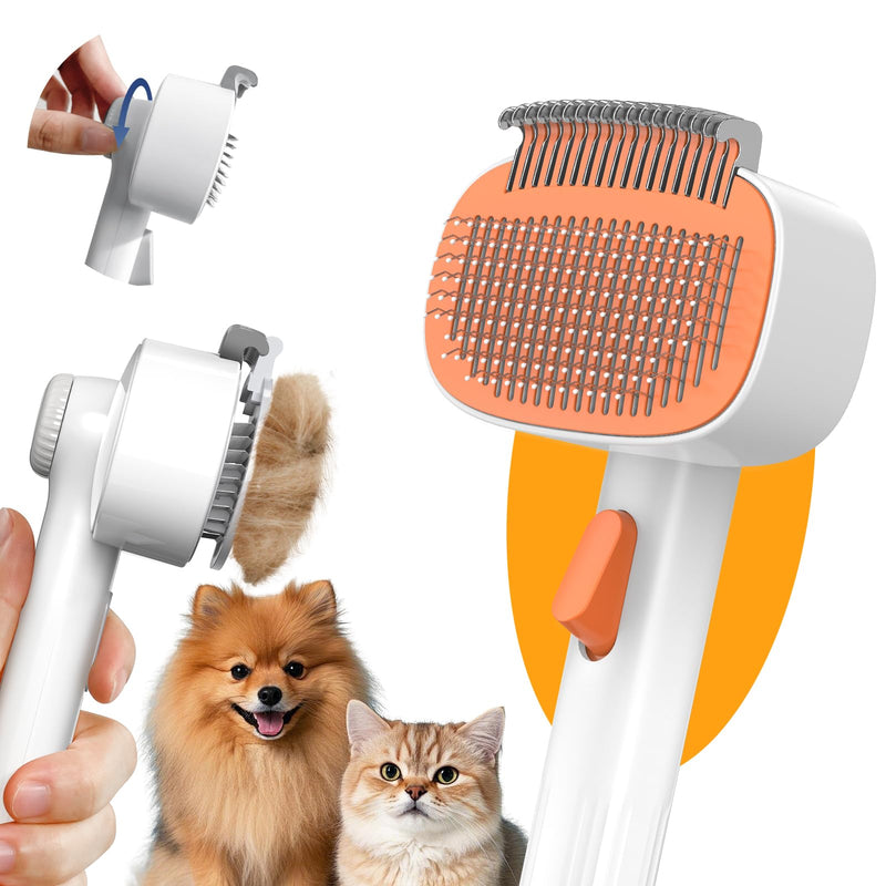 Self Cleaning Slicker Brush, 2-in-1 Cat Brush for Shedding, Skin Friendly Grooming Tool for Long & Medium-Long Hair Pets, Adjustable Bristle Length with Dematting Comb for Cats, Dogs (Orange) Orange - PawsPlanet Australia