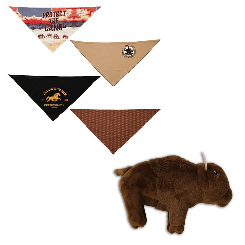 design LAB, Inc. Yellowstone Official Merchandise | Dog Toy and Western Accessories Bandana Set | Plush Stuffed Animal Bison & Bandanas Set