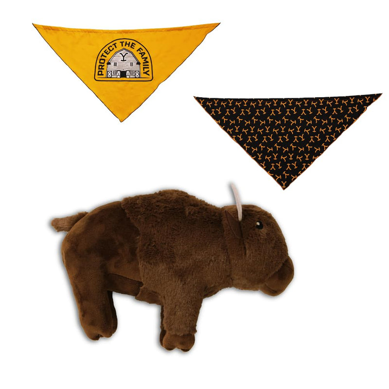 design LAB, Inc. Yellowstone Official Merchandise | Dog Toy and Western Accessories Bandana Set | Plush Stuffed Animal Bison & Yellowstone Bandanas - PawsPlanet Australia