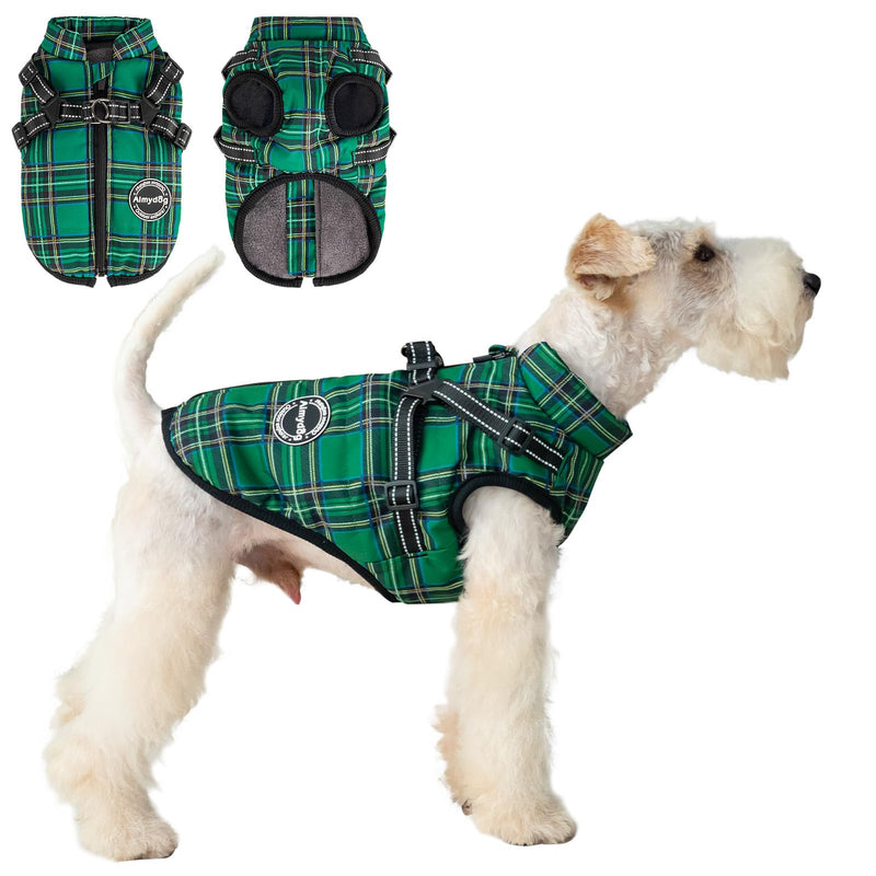 Dog Coat with Harness Built in,Dog Winter Jacket with Padded Fleece,Reflective Waterproof Coat for Small Medium Dogs,Green S Green - PawsPlanet Australia