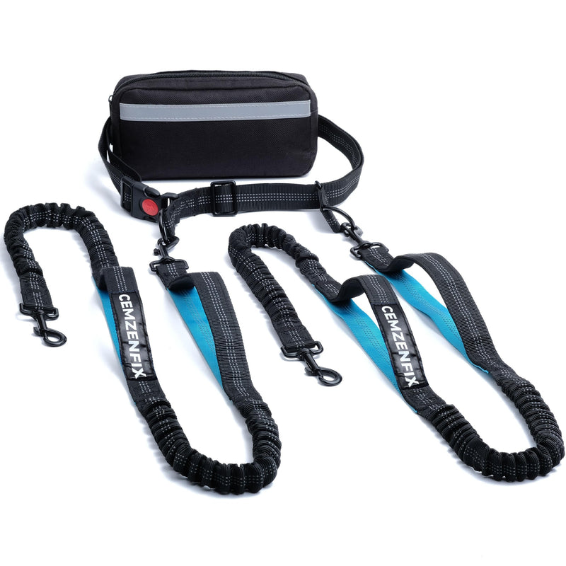 Hands Free Dog Leash for 2 Dogs – Waist Leash for Dog Walking with Dual Bungee, Reflective No Pull Design, Adjustable Belt & Pouch for Running, Hiking, Jogging Black 2 Leash