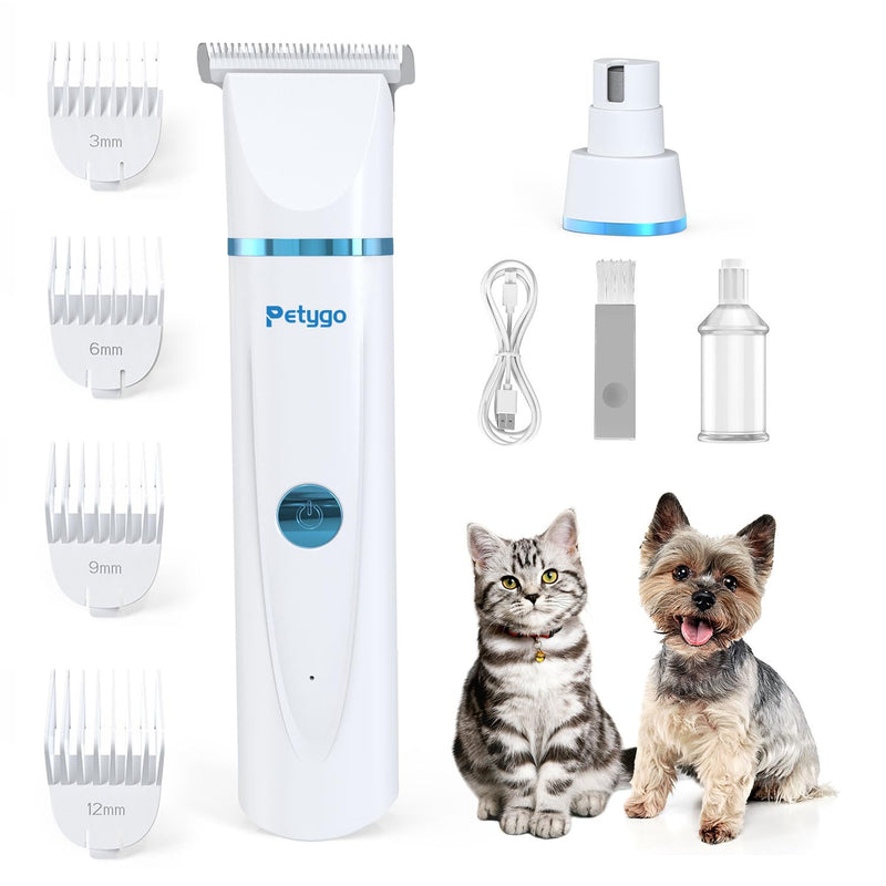 2-in-1 Dog & Cat Grooming Kit - Rechargeable Cordless Pet Hair Clippers with Nail Grinder & Paw Trimmer & 4 Guide Combs, Low Noise Dog Clippers for Grooming Small Medium Pets