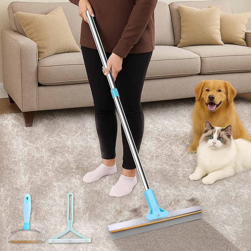 3PCS Pet Hair Removal Tool - Reusable Carpet Rake for Deep Stubborn Cleaning with Copper Head Scraper and Silicone Scraper, 52" Adjustable Long Handle Dog Hair Remover Broom for Sofa, Rugs, Couch, Car - PawsPlanet Australia