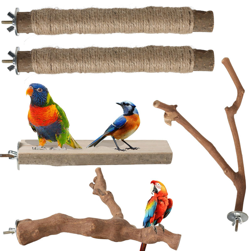 REHALY Large Bird Perch Stand, 5PCS Bird Perch Set - Natural Wood Grape Sticks, Paw Grinding Forks, Stand & Toys for Parakeets, Cockatiels, Conure, Budgies, Birds Cage Accessories - PawsPlanet Australia