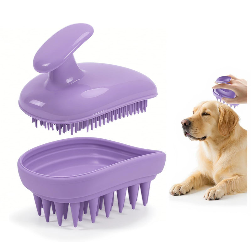 2-in-1 Dog Bath Brush for Grooming & Massage - Pet Silicone Brush for Long & Short Haired Dogs and Cats, Dog Scrubber for Bath, Rubber Curry Brush, Use Wet as Bath Brush or Dry for Grooming-Purple Purple - PawsPlanet Australia