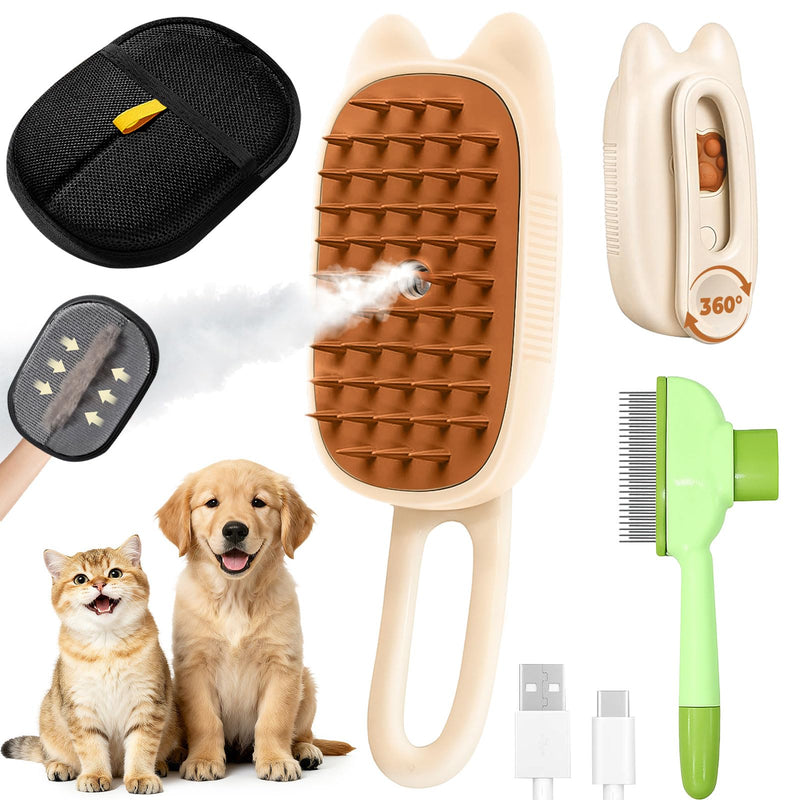Cat Steam Brush for Shedding, 4 in 1 Rechargeable Steam Brush for Cats and Dogs, Anti-Static, Massage, flea comb for cats& Pet Removal Hair Glove,Shedding & Combing All In One! Beige - PawsPlanet Australia