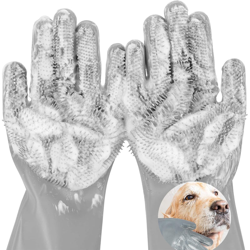 Dog Washing Gloves for Shedding & Bathing - 5-Finger Deshedding & Massage Gloves for Dogs & Cats, Reusable Heat-Resistant Silicone Brush Gloves, Gentle Hair Removal & Bathing Aid (Pair) (Grey) Grey