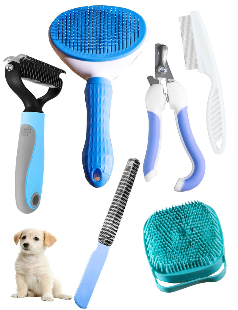 6ps Dog Cat Brush Grooming Kitf, Dog Cat Brushes, Bath Brush, Dematting Rake and Comb, Nail Clipper, Nail File, Flea Comb (Blue 6 Kits) Blue 6 Kits - PawsPlanet Australia