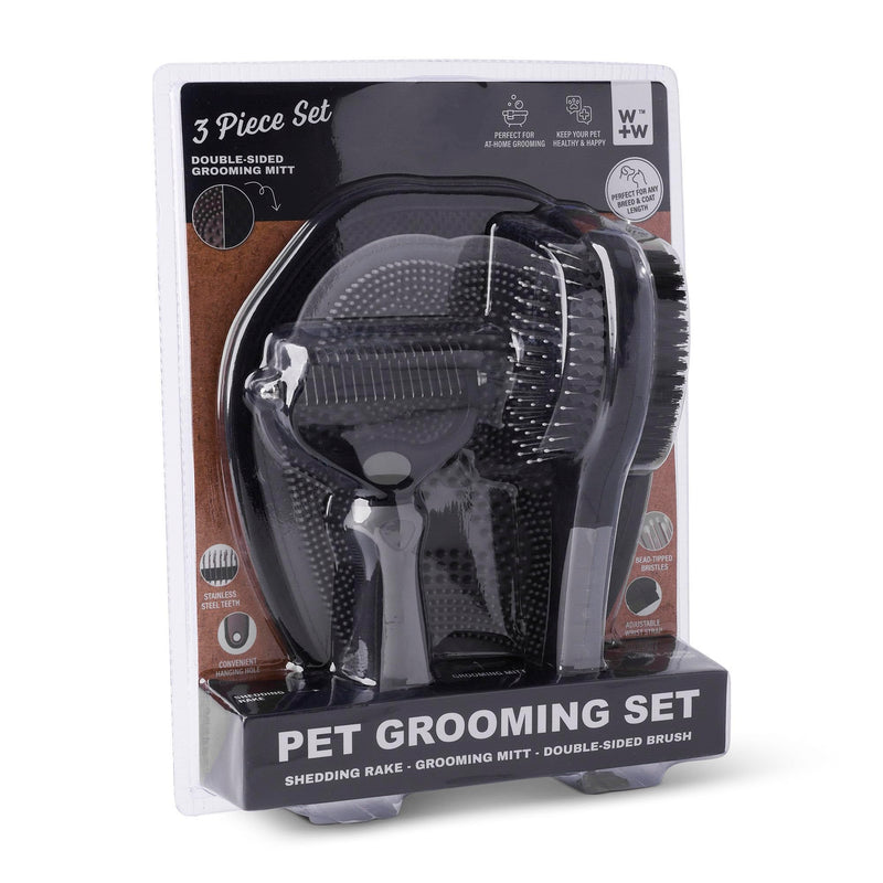 Core Home Pet Grooming Mitt Shedding Rake and Double Sided Brush Plastic Black 3 Piece Set - PawsPlanet Australia