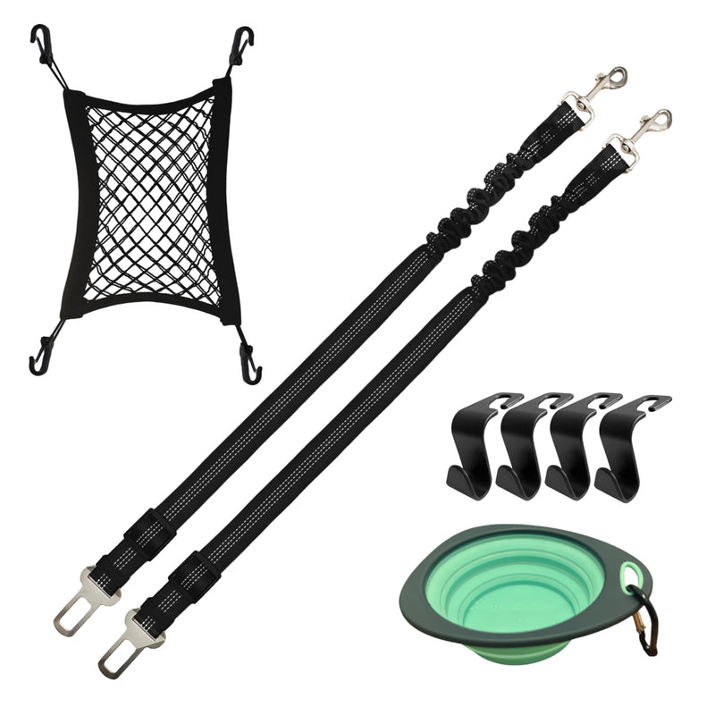 Dog Car Accessories Essentials Kit, with 2 Retractable Harness Adjustable Seat Belt Leash, Portable Collapsible Pet Bowl, Car Net Barrier for Dogs in Vehicle, and 4 Headrest Hooks for Hanger - PawsPlanet Australia