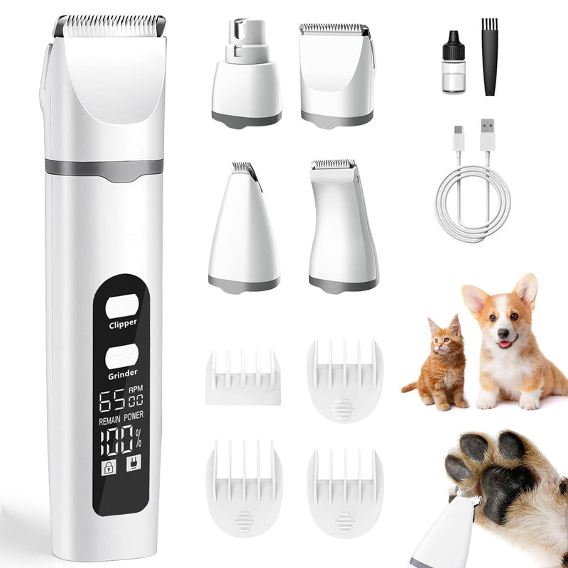 Dog Clippers for Grooming, 4 in 1 Dogs Paw Trimmer Pet Grooming Kit, Low Noise Dog Shavers with Nail Grinder Quiet, Rechargeable Cordless Electric Pets Clippers, 2-Speed Pet Hair Trimmer for Dogs Cat Off-white