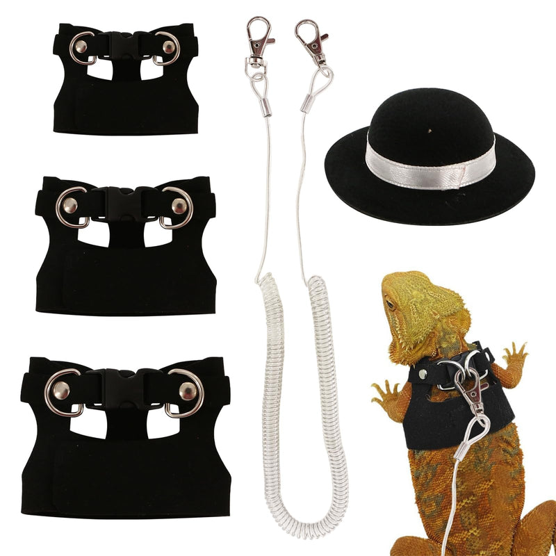 Bearded Dragon Leash and Harness Set, 3 Size Adjustable Soft Leather Lizard Leash Training Walking Prevent Escape, Spring Can be Stretched to 3m, for Iguana Squirrels Small Reptiles Outdoors (Black) - PawsPlanet Australia