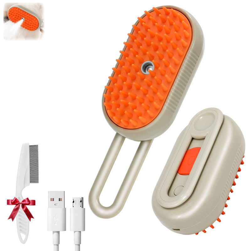 2025- New cat steam brush, 4-in-1 cat steam brush, for massaging and cleaning fallen pet hair, suitable for cats, dogs, rabbits and other pets (khaki + white) -2 pieces (Khaki color) Khaki color