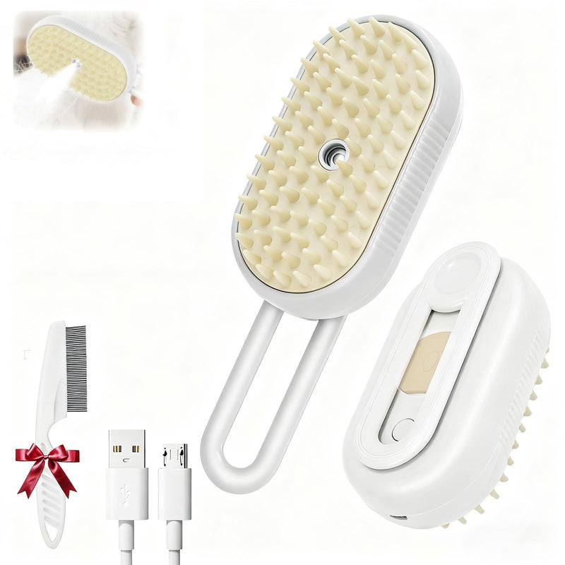2025- New cat steam brush, 4-in-1 cat steam brush, for massaging and cleaning fallen pet hair, suitable for cats, dogs, rabbits and other pets (khaki + white) -2 pieces (white) - PawsPlanet Australia