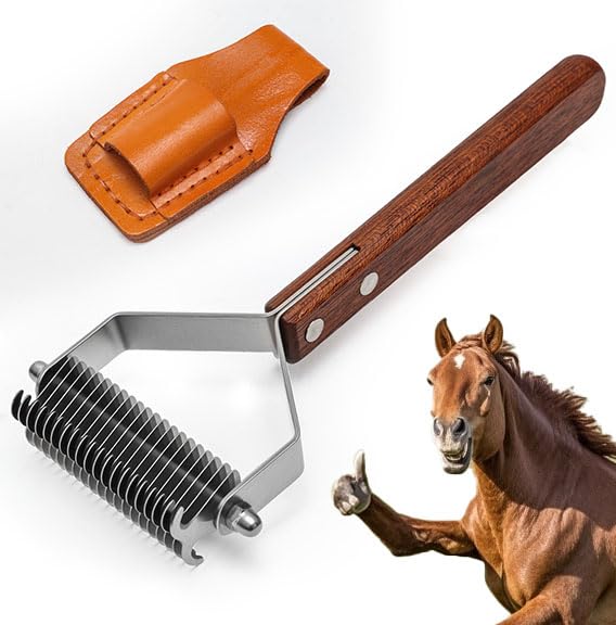 2-Sided Horse Comb Mane Deshedding Tool Goats Cow Brush for Grooming,Horse Brush Set with Leather Show Comb Holder,40 Stainless Blades and Wood Handle,Livestock,Pet - PawsPlanet Australia