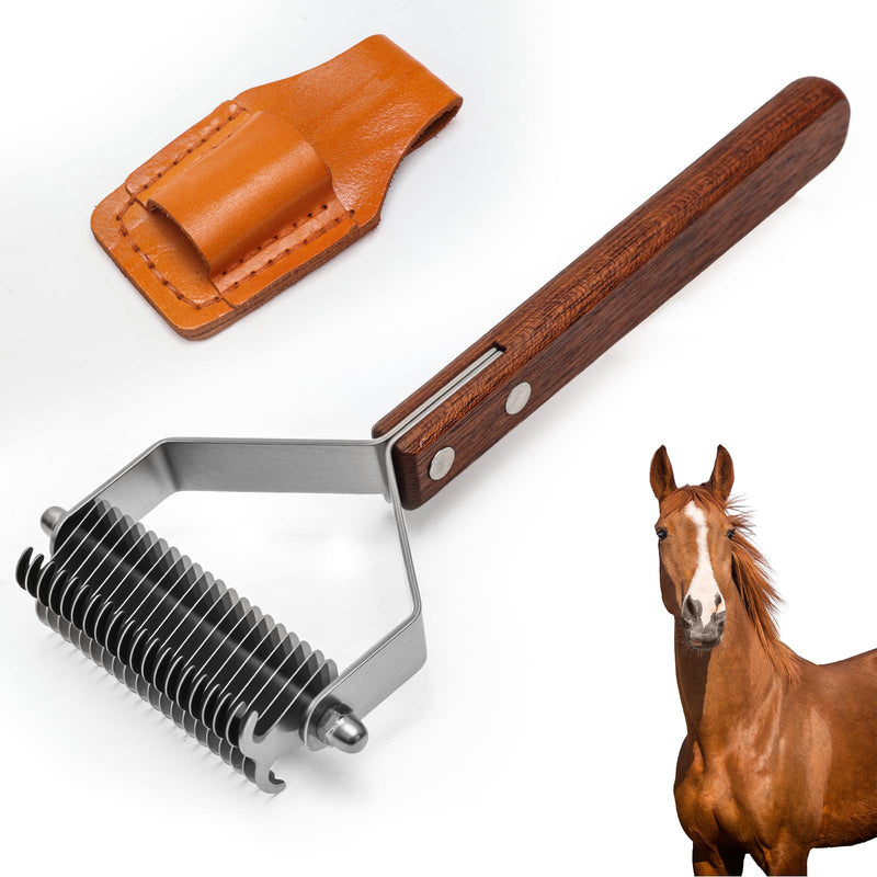 2 in 1 Horse Grooming Comb Mane Deshedding Tool Goats Cow Brush, Horse Brush Set with Leather Show Comb Holder,20 Stainless Blades and Wood Handle,Livestock,Pet - PawsPlanet Australia