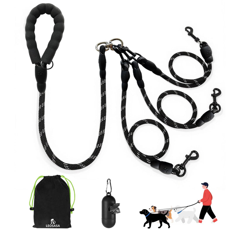 No Tangle 3 Dog Leash - Main Lead Rope with Padded Handle, Three Detachable Leash Splitters, Heavy-Duty Clip, 4.76ft for Walking, Running, Small, Medium, Large Dogs (Black) Black - PawsPlanet Australia