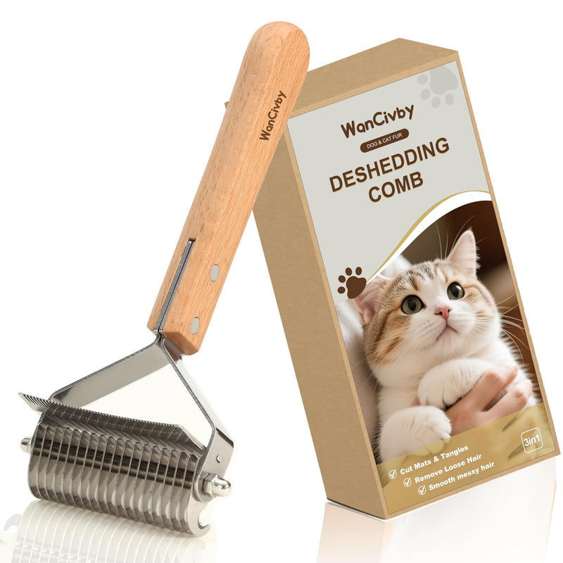 3-in-1Dematting & Deshedding Comb Undercoat Rake for Cats& Dogs，Detangling Matted Fur & Hair Remover Tool Pet Grooming Rake for Shedding and Dematting，Ergonomic beech wood handle (Square Handle) Square Handle - PawsPlanet Australia