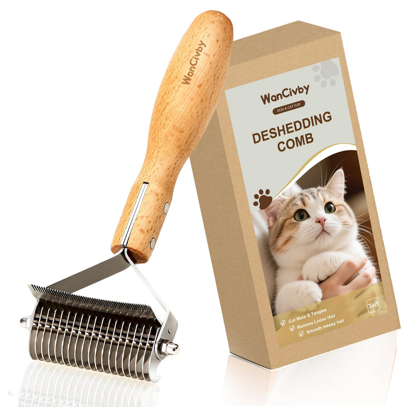 Undercoat Rake Dog Brush Dematting Comb cat shedding tool Dematting Tool Pet Brush Efficiently Detangle and Groom Coats for Large Medium Small Dogs and Cats Comb for Grooming Premium Wood Handle Round Handle - PawsPlanet Australia