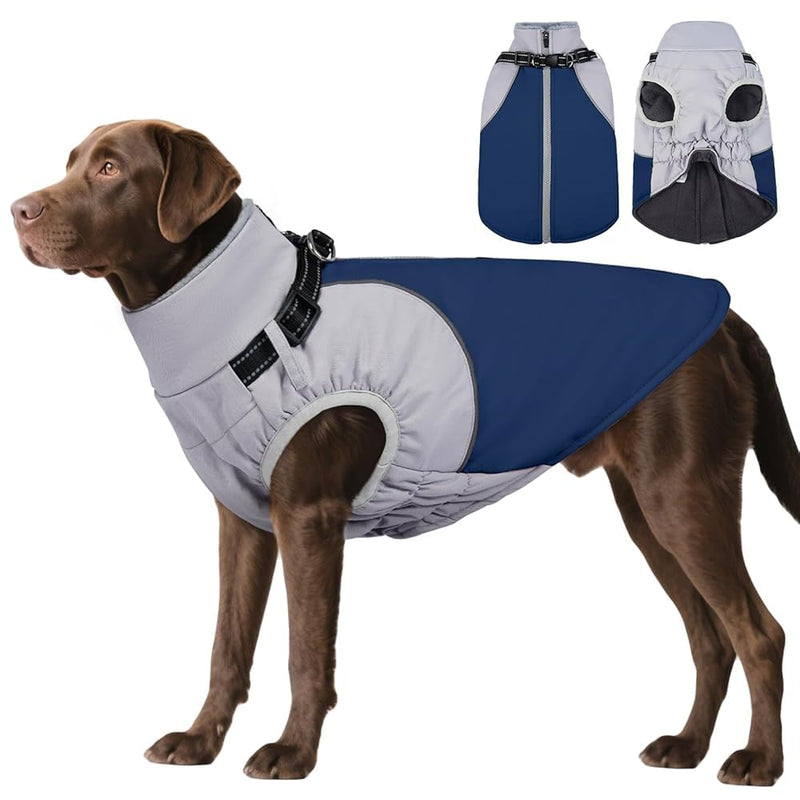 DENTRUN Dog Coat with Harness Built in, Easy On/Off Zipper Closure Winter Dog Vest, Water-Repellent Fleece Lined Warm Jacket with Reflective for Extra Large Dogs, Dark Blue, XXXL XXX-Large Gray-Blue