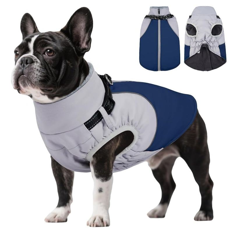 DENTRUN Dog Coat with Harness Built in, Easy On/Off Zipper Closure Winter Dog Vest, Water-Repellent Fleece Lined Warm Jacket with Reflective for Small Dogs, Dark Blue, S Gray-Blue - PawsPlanet Australia