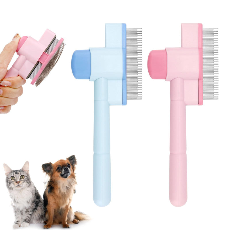 2pcs Self-Cleaning Cat & Dog Brush, Stainless Steel Pet Shedding Hair Removal Comb Cat Grooming Brush Pet Hair Removal Tool for Long Haired Cats & Dogs (Blue, Pink)