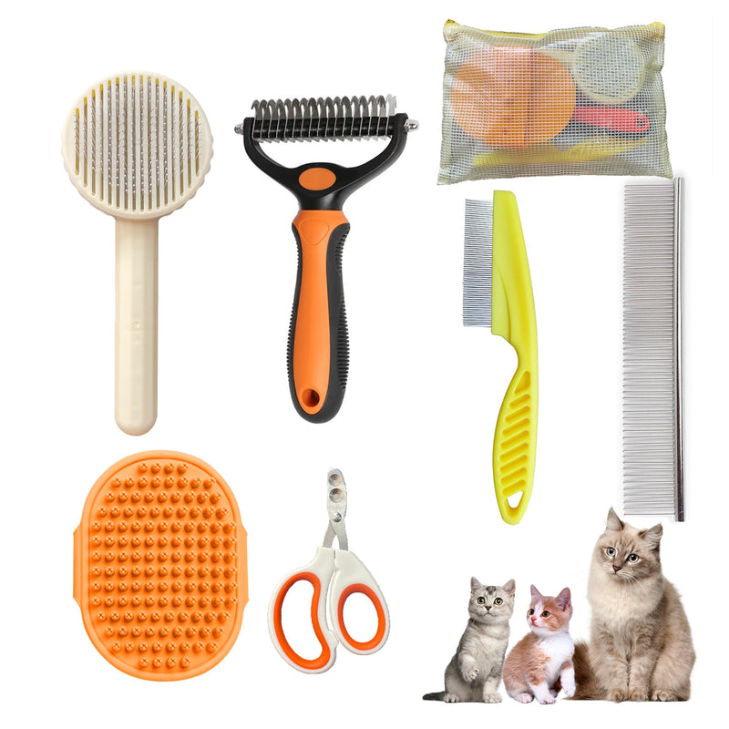 Cat Grooming Brush Kit 6 Tools - Deshedding & Dematting for Long/Short Hair, Self-Cleaning Slicker Brush with 6-in-1 Flea Comb for Cats & Kittens (Orange) Orange - PawsPlanet Australia