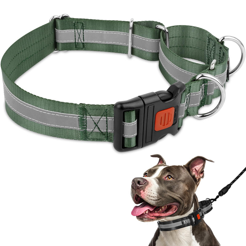 Mayerzon 1.5" Wide Reflective Martingale Collar for Large Dogs, Patented No Pull Heavy Duty Walking Training Dog Collar for Pitbulls German Shepherds, with Buckle, 2 D-Rings, Adjustable (Green, L) Green L: 16.5" - 20.75" - PawsPlanet Australia