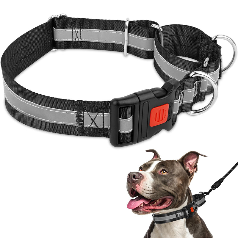 Mayerzon 1.5" Wide Reflective Martingale Collar for Large Dogs, Patented No Pull Heavy Duty Walking Training Dog Collar for Pitbulls German Shepherds, with Buckle, 2 D-Rings, Adjustable (Black, L) Black L: 16.5" - 20.75" - PawsPlanet Australia