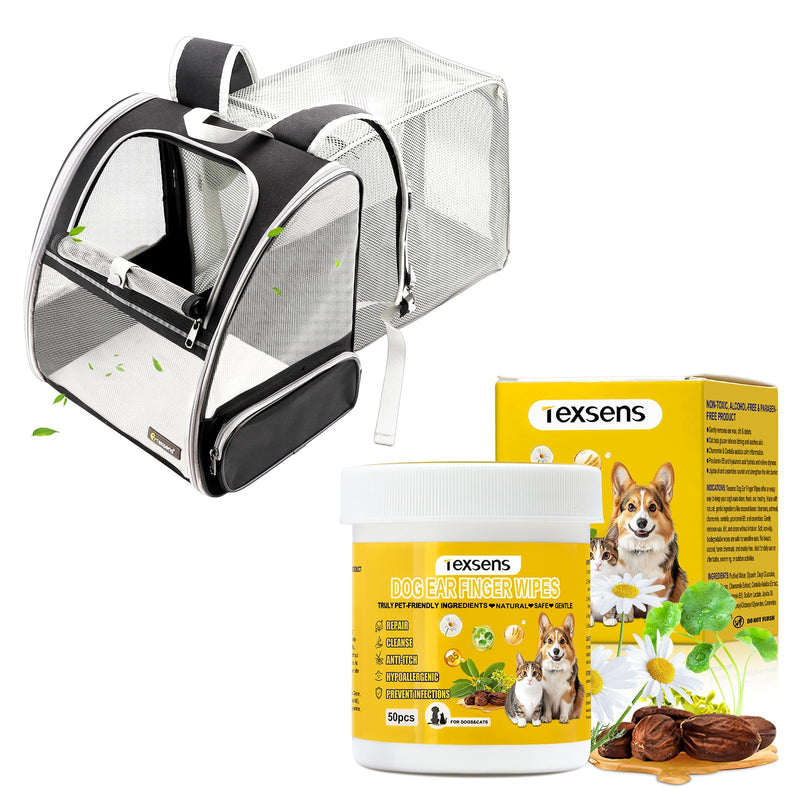 Texsens Pet Backpack(Expandable-Black) & Ear Care Wipes Combo‌ - PawsPlanet Australia
