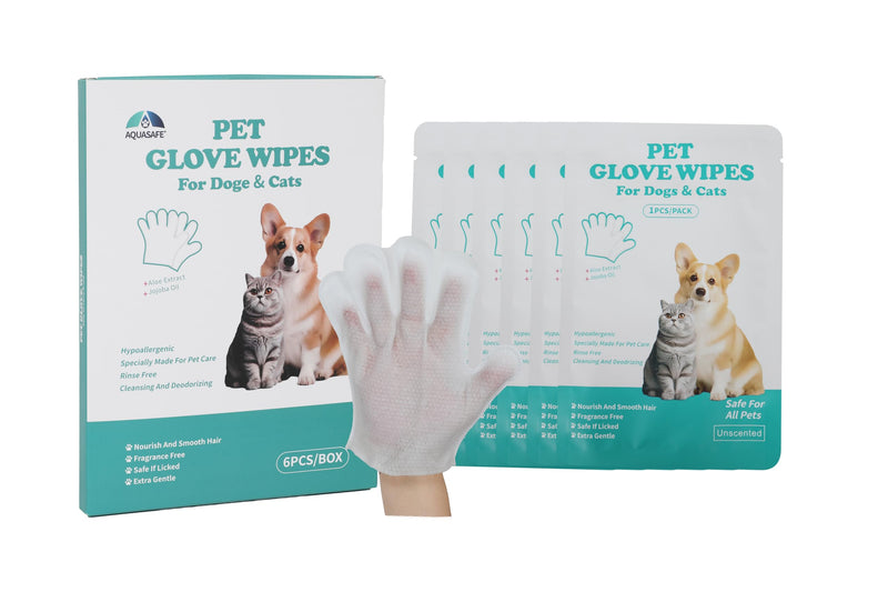 AQUASAFE Pet Bath & Cleaning Gloves for Allergy Prevention & Deodorizing | Thick, Moisturizing Wipes with Aloe & Vitamin E | No Rinse Needed for Daily Care, Travel, Grooming (6PCS) 6PCS - PawsPlanet Australia