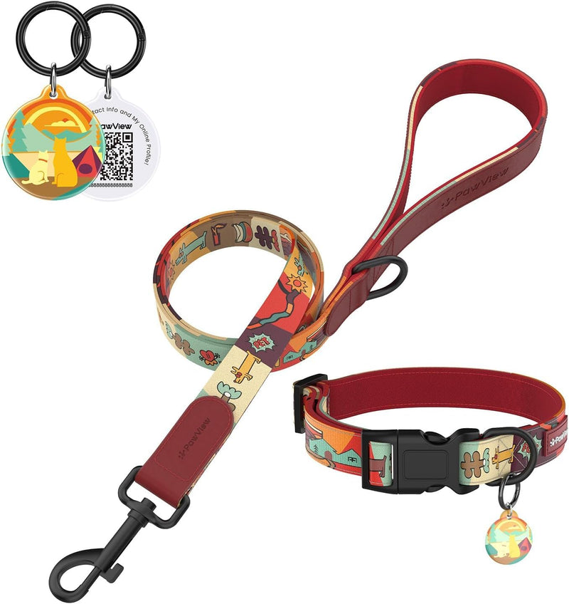 Dog Collar and Leash Set with Smart ID Tag – Adjustable Soft Padded Heavy Duty Comfortable Collar and Leash Set with Cute Pop Art Doodle Design for Small Medium Large Dogs (Red, Small) Sunrise Red S (Neck 11.02-16.93'',Width 0.59'' ) - PawsPlanet Australia