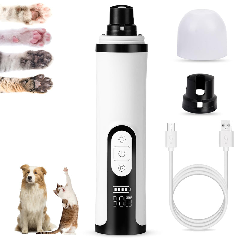 Pet Nail Grinder for Dogs and Cats - Super Quiet and Low Vibration Electric Dog Nail Grinder with 2 LED Lights - USB Rechargeable and Cordless - 3 Speeds - Small to Large Pets (White) White - PawsPlanet Australia