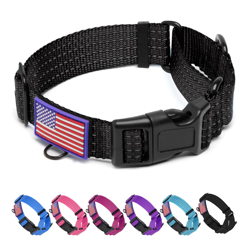 Martingale Dog Collar, Reflective No Pull Training Collar with Quick Release Buckle & USA Flag, Heavy-Duty Nylon, Adjustable for Small Medium Large Dogs (L,Black with Flag Black with Flag L (1" x 19"-26")