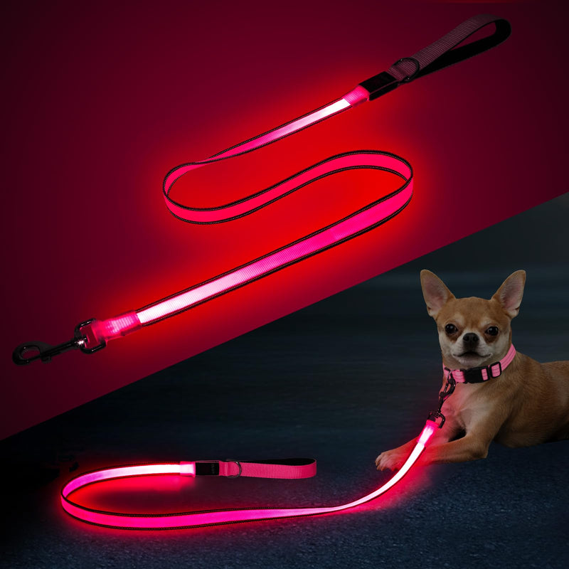4FT LED Dog Leash – Rechargeable Light Up Dog Lead with Dual-LED Glow, Reflective Nylon, Waterproof Glow Dark Leash with Padded Handle for Small Medium Large Pets Night Walking-Pink Pink - PawsPlanet Australia