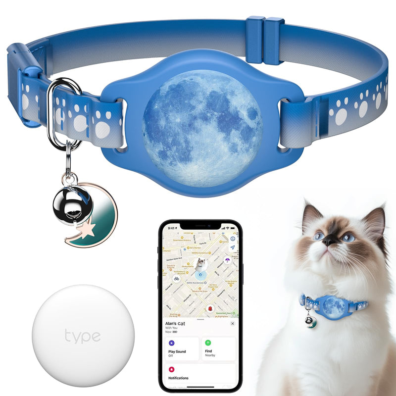 Cat Tracker Collar 8-12" Waterproof Airtag Cat Collar with Finder Tag, Compatible with Apple Find My, Breakaway Tractive with Reflective Pattern & Bell (Starry Meow) Starry Meow - PawsPlanet Australia