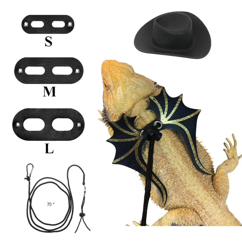 Bearded Dragon Leash Harness Set with Wings and a Hat, Reptile Leash Collar for Lizard, Leopard Gecko and Other Small Animal Pets, Outdoor Play 1-Black - PawsPlanet Australia