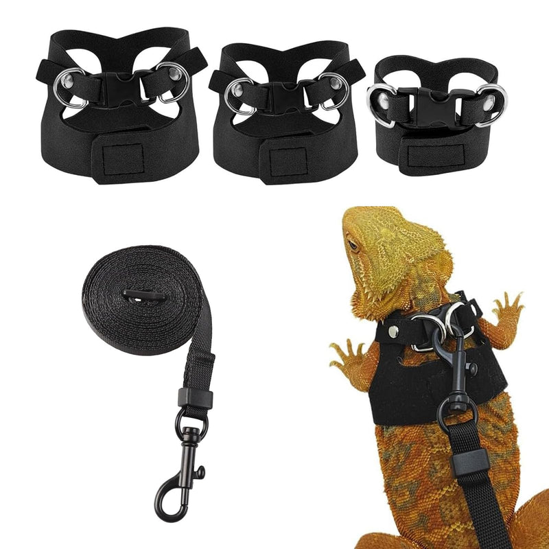 KABASI Bearded Dragon Harness Leash Set, 3 Size Adjustable Lizards Training Walking Leather Vest Escape-Proof Traction Rope for Squirrel and Other Outdoor Small Reptiles (Black) Black - PawsPlanet Australia