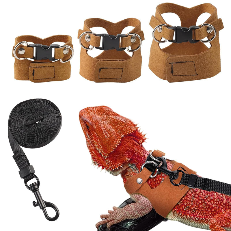 KABASI Bearded Dragon Harness Leash Set, 3 Size Adjustable Lizards Training Walking Leather Vest Escape-Proof Traction Rope for Squirrel and Other Outdoor Small Reptiles (Brown) Brown - PawsPlanet Australia